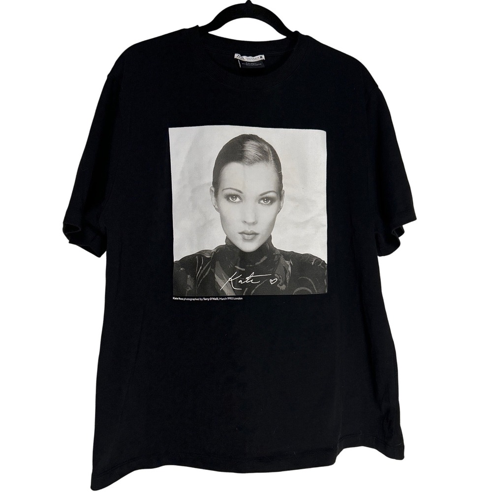 Zara Kate Moss Terry O'Neill Graphic T-Shirt Black Size Medium